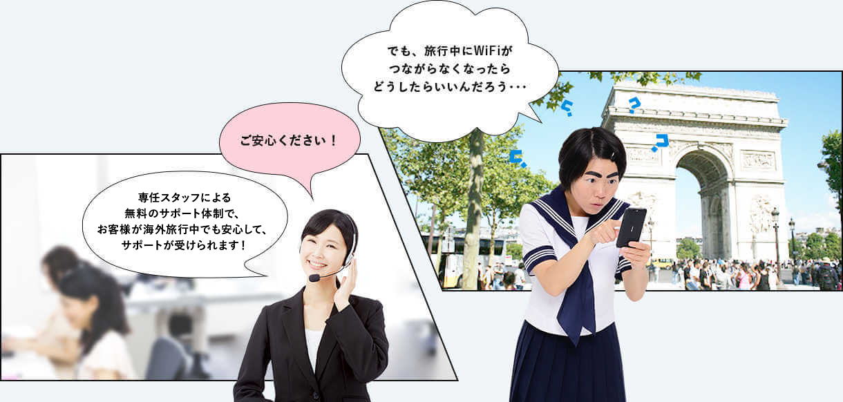 イモトのWiFiでは専任スタッフによる無料のサポート体制でお客様が海外旅行中でも安心してサポートが受けられます!